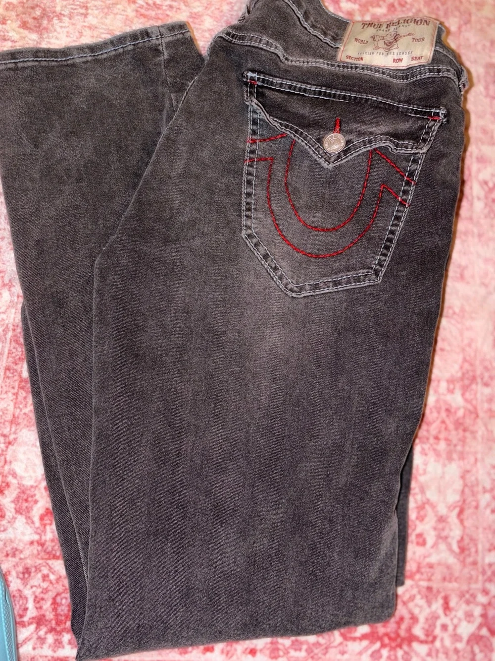 True Religion Ricky Men’s Charcoal Gray Straight Leg Jeans with Red Stitching